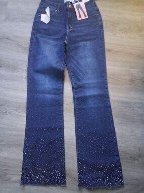 Wax Jean Dark Blue Rhinestone Flare Jeans